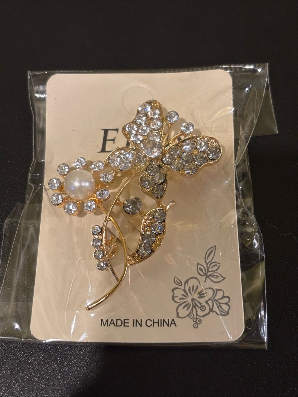 Crystal Butterfly and Pearl Flower Gold-Tone Brooch